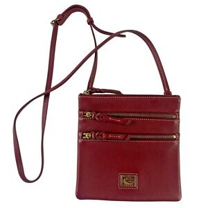Dooney Bourke Penrose Red Gold Pebbled Leather Triple Zip Crossbody Bag Purse